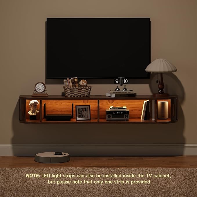 55" Floating TV Stand with Power Outlet for TVs up to 65", Fluted Entertainment Center with Remote Control for LED Lights, Mid-Century Modern TV Console w/Sliding Door for Living Room, Bedroom Walnut - Image 9