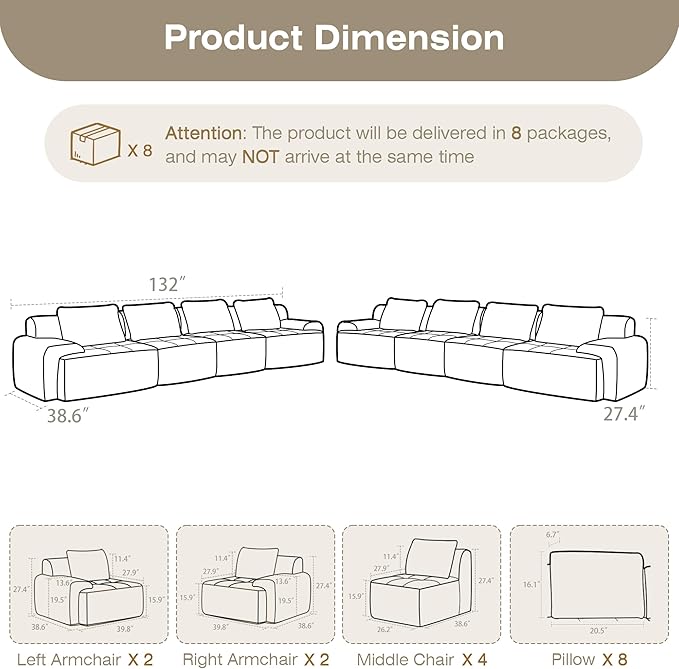 Modular Sectional Sofa, 6 Seat Modular Couch, Modular Sofa with Deep Seat and Detachable Pillow (White, 8 Pieces-Rowshape 2 Side)