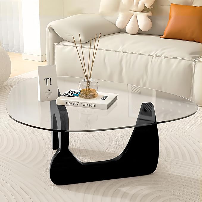 35.5″ Mid Century Modern Coffee Table, Unique Glass Coffee Tables for Living Room, Walnut Triangle Glass Top Center Tables with Wooden Base for Home Office Hotel