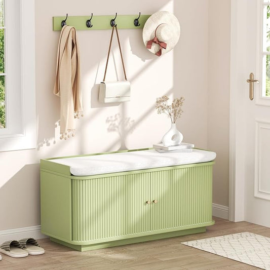 Hall Tree with Bench and Shoe Storage, Entryway Bench with Sliding Door Cabinet, Removable Padded, Metal Wall Hooks and Adjustable Storage Compartments, for Entry, Hallway, Living Room, Green by Unknown