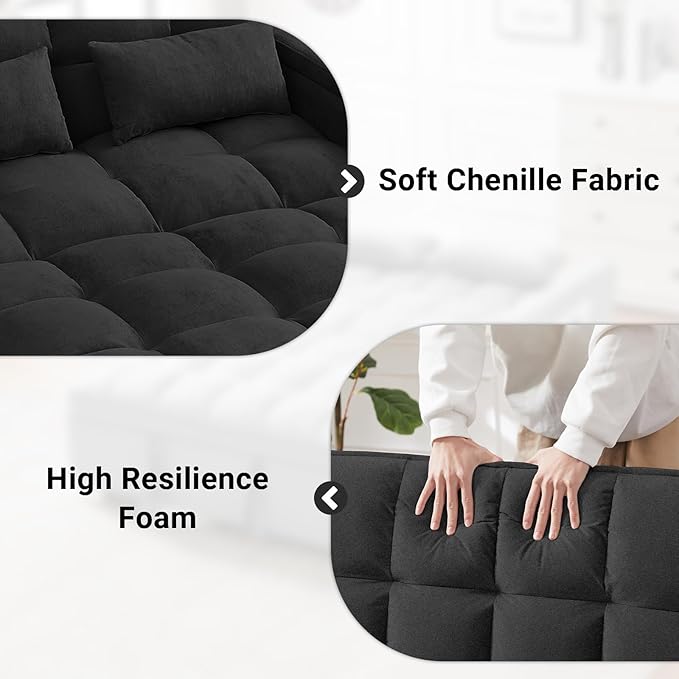 3 in 1 Sofa Bed, 65 Inches Convertible Loveseat Sleeper with Side Table, Pull Out Couch with 3 Level Adjustable Backrest, Chaise Lounge with USB and Type-C Ports for Living Room, Jet Black