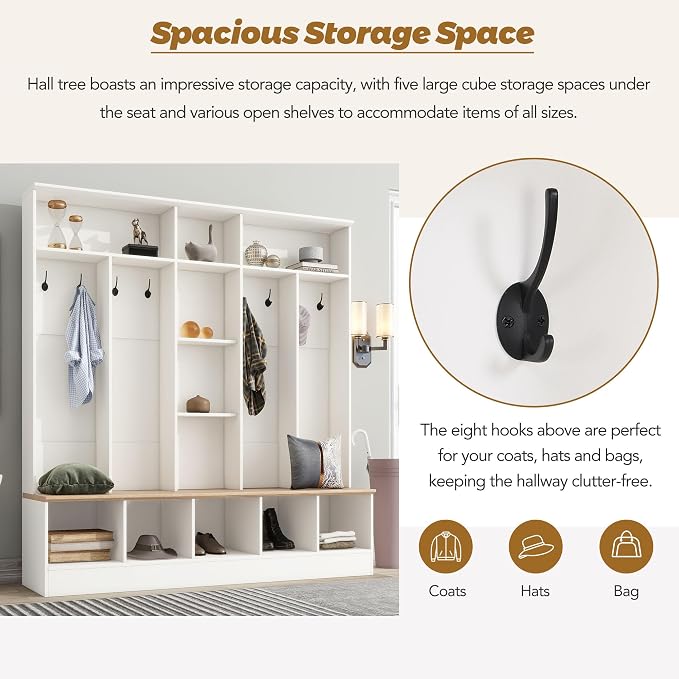 Merax 66.9" Wide Hall Tree with Storage Bench, Shoe Cabinet with Cube, & Shelves, Coat Rack with 8 Hooks for Entryways - Image 6