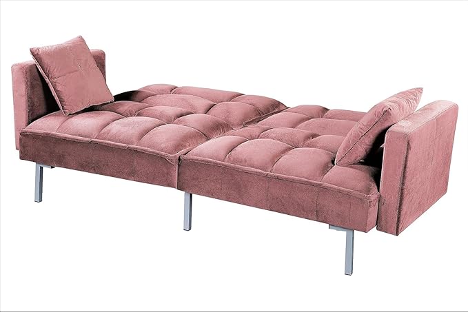 Regal 75.6" Velvet Convertible Sofa Bed - Mid-Century Sleeper Couch w/Tufted Design & Metal Legs - Pull-Out Futon for Guests/Home (75.6" W x 34.6" D x 32" H), Rose