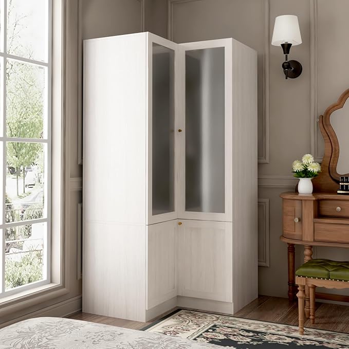 L-Shape Wardrobe Armoire Closet with Hanging Rod & Shelf, Bedroom Armoire with Frosted Glass Doors, Clothes Wardrobe with Gold Knob, Wood Grain, 35.4”D x 35.4”W x 70.9”H