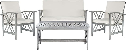 SAFAVIEH Outdoor Collection Fontana Grey Wash/ Beige 4-Piece Conversation Patio Set with Cushions