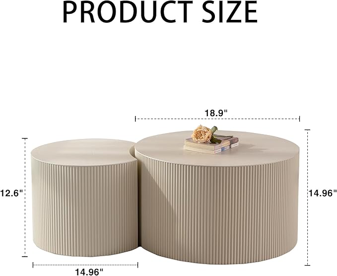 kevinplus 33.68'' Round Modern Coffee Table Set of 2 for Living Room, Wood Circle Drum Coffee Table, No Assembly, Beige