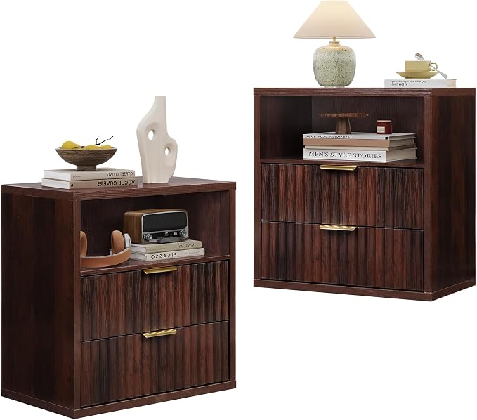 WLIVE Fluted Night Stand Set 2, Wood Nightstands Sets of 2 with Storage Drawers and Open Shelf, Mid Century Modern Bed Side Tables for Bedroom, Dorm, Espresso - Image 7