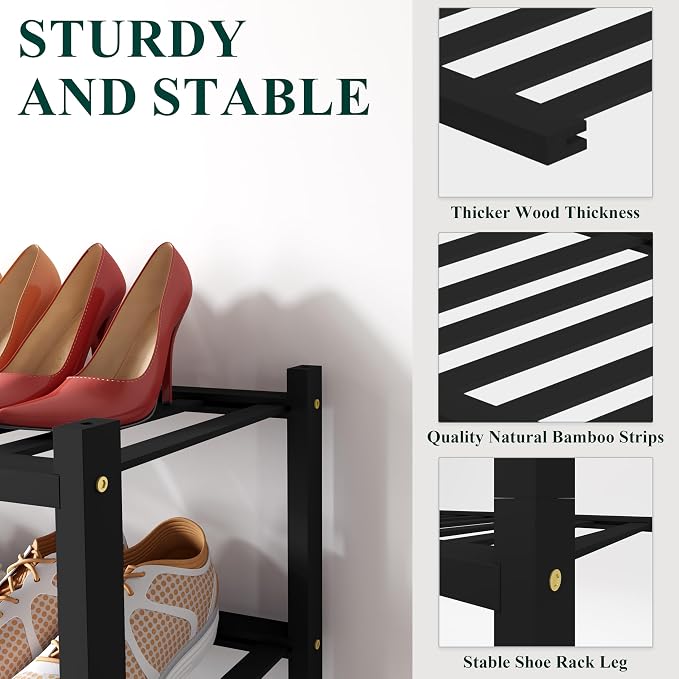 Smiry Bamboo Shoe Rack for Closet, 6 Tier Small Wooden Stackable Shoe Organizer, Free Standing Shoes Storage Shelf for Entryway, Front Door Entrance, Black - Image 2