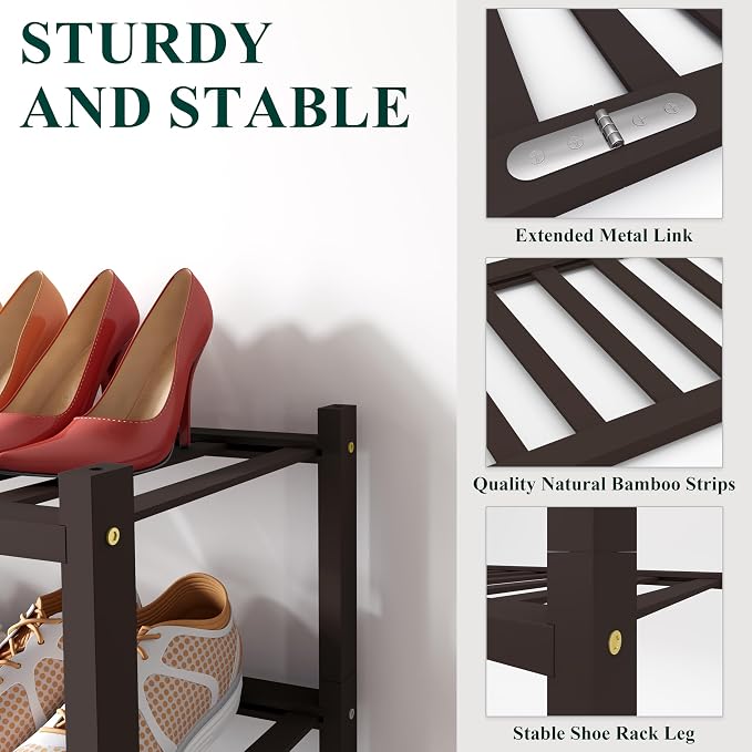 Smiry Bamboo Shoe Rack for Closet, 2 Tier Long Wooden Stackable Shoe Organizer, Free Standing Shoes Storage Shelf for Entryway, Front Door Entrance, Brown - Image 2