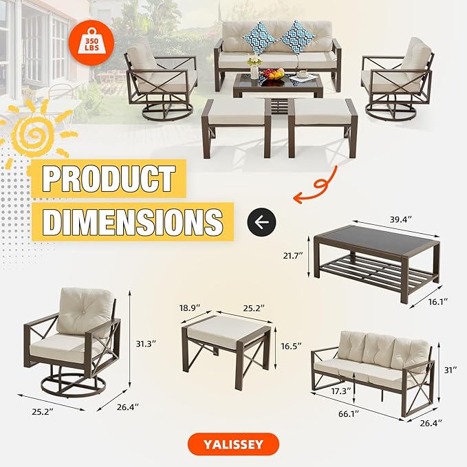 6 Pieces Metal Patio Furniture Set, Outdoor Seating Furniture with Swivel Chairs and Ottoman Ideal for Indoor Porch Deck Bistro Lawn Garden Backyard Poolside-Beige