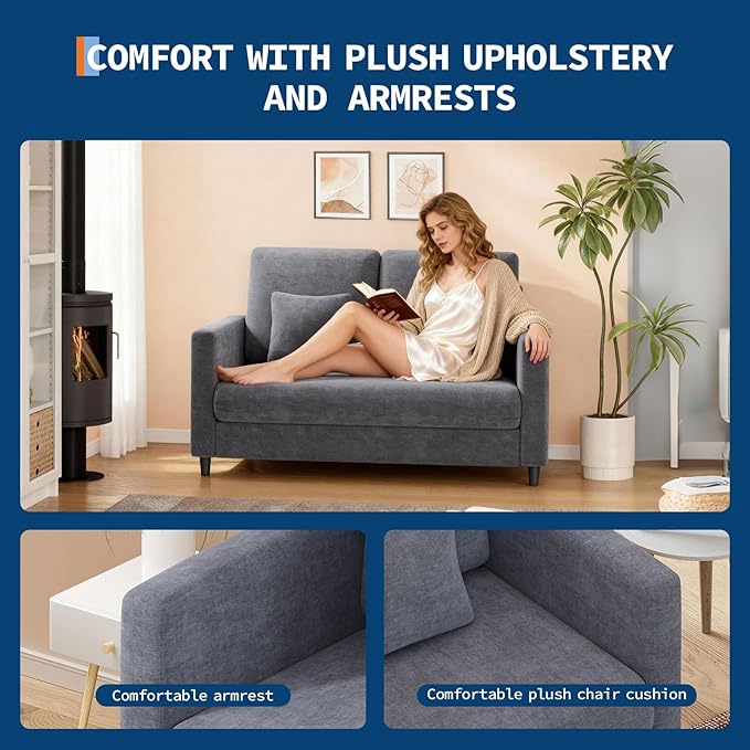 Garvee Loveseat Sofa, 52" Love Seat for Small Spaces, Mid Century Sofa Accent Chair, Solid Wood Frame, Tool-Free Assembly, Comfy Sofa Couch for Bedroom, Living Room, Blue Gray