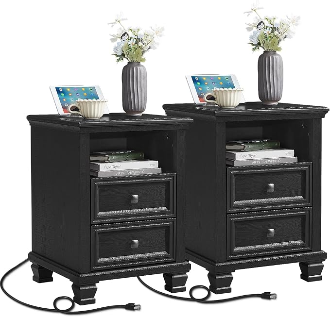 SAVOR LIFE Farmhouse Nightstand Set of 2 with Charging Station, Rustic Black Nightstand with Drawers, Bedside Table with Open Shelf for Bedroom, Black by SAVORLIFEFurniture