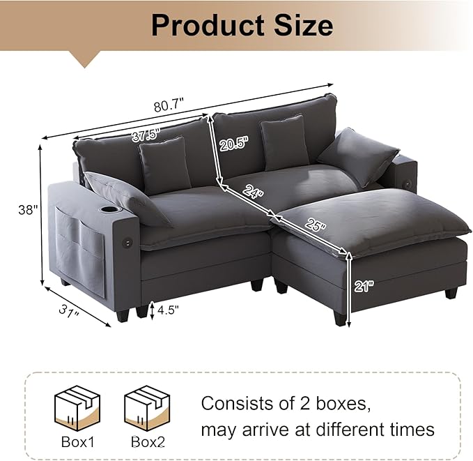 80.7" Modular Sectional Couch, L Shaped Cloud Sofa with Movable Ottoman, Chenille Deep Seat Cloud Couch with Charging Station, Cup Holder, Side Pocket, Sectional Couches for Living Room, Grey