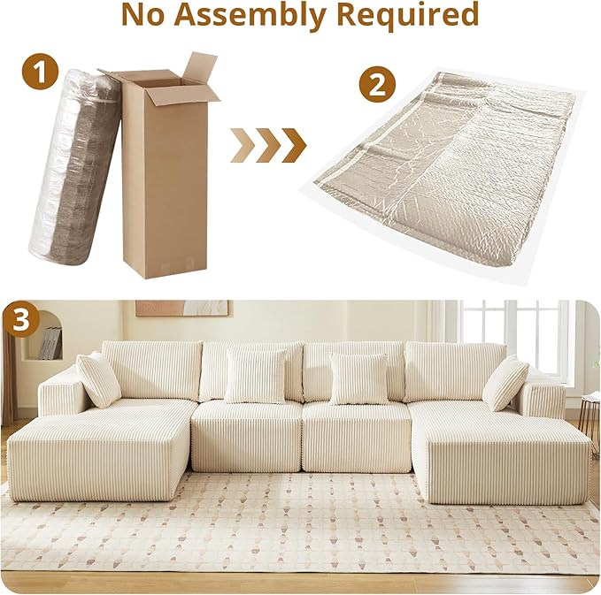 Cloud Boneless Couch 137" Modern Sectional U-Shaped Comfy No Assembly Required Convertible Compression Sleeper Modular Sofa with Corduroy Fabric Deep Seat Single + Chaise for Living Room