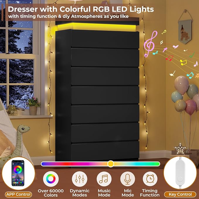 HAUOMS Tall 7 Drawer Dresser with LED Light, Black Modern Chest of Drawers for Bedroom,Closet Dressers with Drawers for Living Room, Entryway, Hallway - Image 3