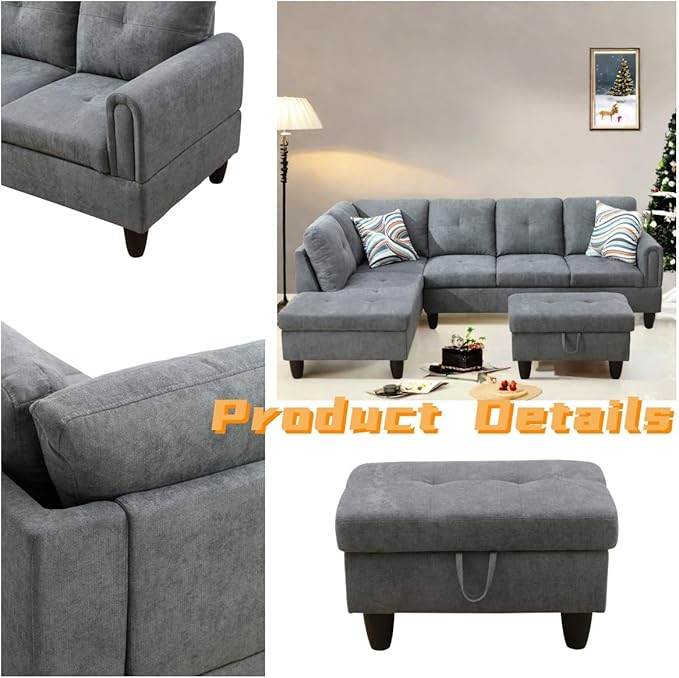 FONTOI L Shaped Sectional Couch with Otttoman, 97" Sectional Sofa for Living Room Flannel Modular Couches with Cup Holders for Bedroom, Apartments, Grey