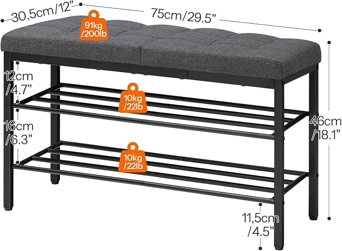 HOOBRO Shoe Bench, Storage Bench with Cushion, Entryway Bench Shoe Shelf with Seat, 12 x 29.5 x 18.1 Inches, Shoe Rack for Living Room, Bedroom, Hallway, Dark Gray BGZ95HX01 - Image 3