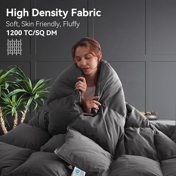 L LOVSOUL Goose Feather Down Fiber Comforter Twin Size, 100% Organic Cotton Fabric Duvet Insert,1200TC,750+Fill Power, Hotel Collection, All Season Grey Bedding Comforters with 8 Tabs