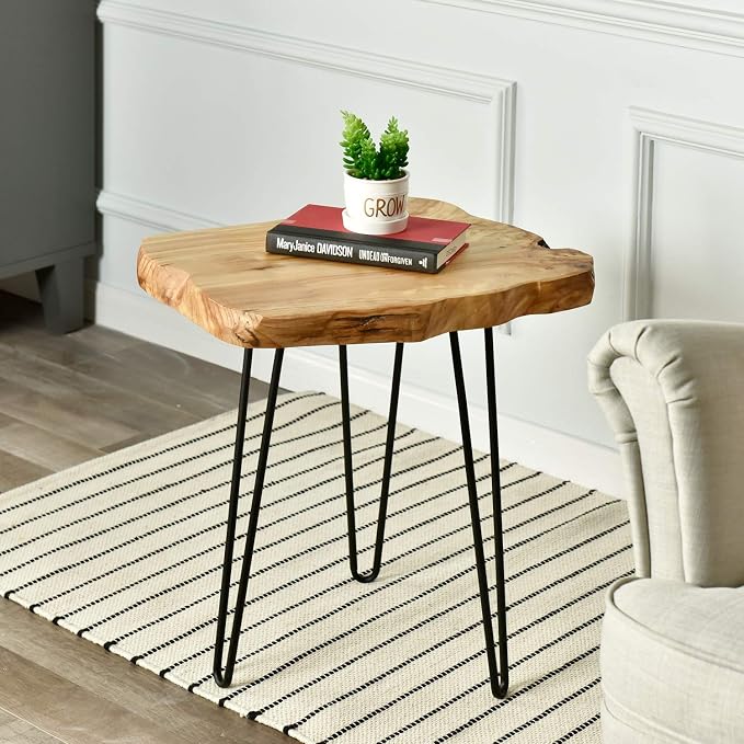 WELLAND Live Edge Side Table with Hairpin Legs, Natural Edge Side Table, Small Nightstand Wood, 15.5" Tall by WELLAND