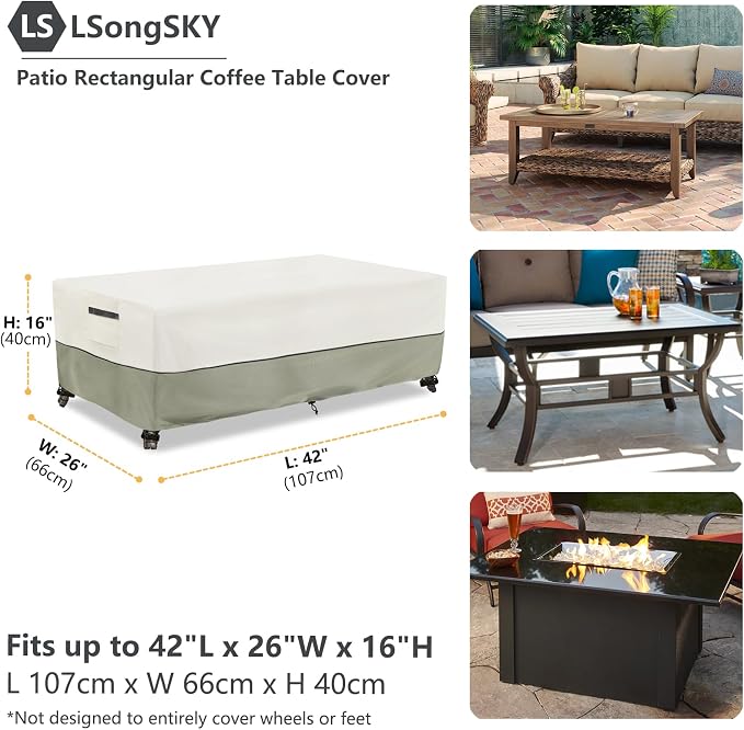 Outdoor Coffee Table Cover,Waterproof Rectangular Patio Small Side Table Cover,42 x 26 x 16 inch,Outdoor Table Covers Waterproof Rectangle,White&Grey-green. - Image 2