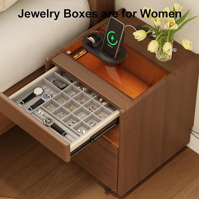 3 Drawers Nightstands with Charging Station,Modern Nightstand with Hidden Drawer,Jewelry Drawer,Mobile Bedside Table for Bedroom,Walnut Finish - Image 3