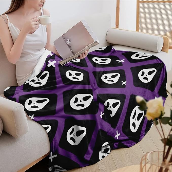 Halloween Spooky Face Blanket, Purple and Black, Soft Ghost Throw for Travel, Office, Home (60" x 50")