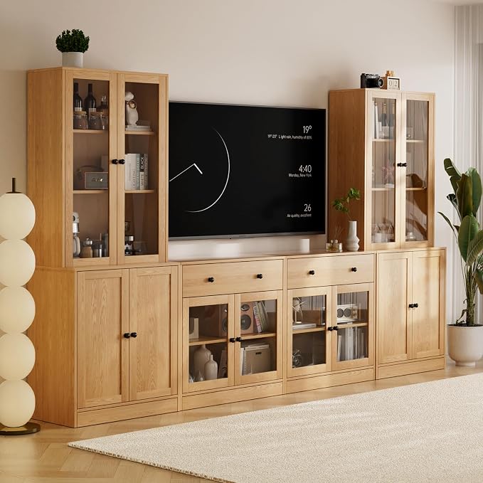 TUSY 71" TV Stand Storage Set - 2 Tall Bookcases & 2 Side Cabinets, Media Console with Glass & Wood Doors, Entertainment Center with Drawers, Tall Media Console for Living Room (Wood, AFFA) by TUSY
