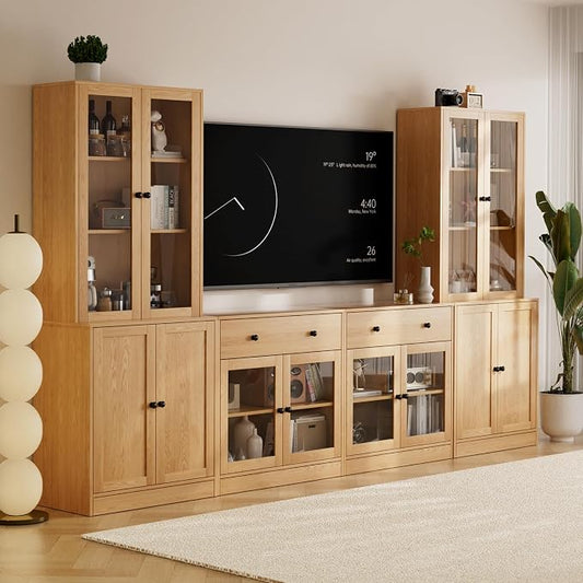 TUSY 71" TV Stand Storage Set - 2 Tall Bookcases & 2 Side Cabinets, Media Console with Glass & Wood Doors, Entertainment Center with Drawers, Tall Media Console for Living Room (Wood, AFFA) by TUSY