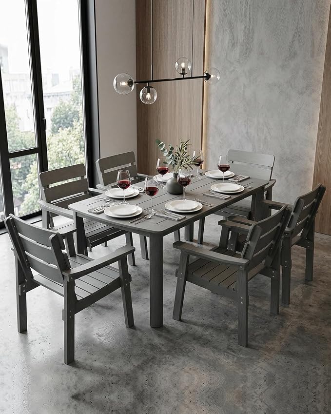 7-Piece Outdoor Dining Set, All-Weather HIPS Patio Table & Chairs for 6, Outdoor Furniture with Umbrella Hole, Ideal for Garden, Poolside, Backyard, Deck, Dark Gray - Image 9