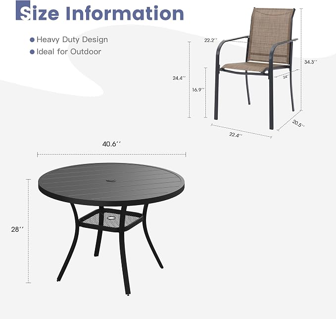 VICLLAX Round Outdoor Dining Set, Patio Table and Chairs Set Set of 4 Patio Stackable Chairs and 40.6" Outdoor Round Table with Umbrella Hole for Backyard Lawn Garden, Brown Chairs and Black Table - Image 7