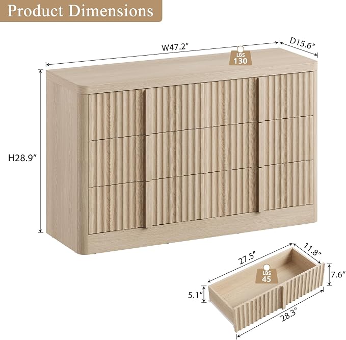 YANSNWO Fluted Dresser for Bedroom, 47" Wide 6 Drawer Dresser, Curved Profile Design, Modern Chest of Drawers with Solid Wood Handle for Bedroom, Living Room, Hallway, Natural Oak - Image 3