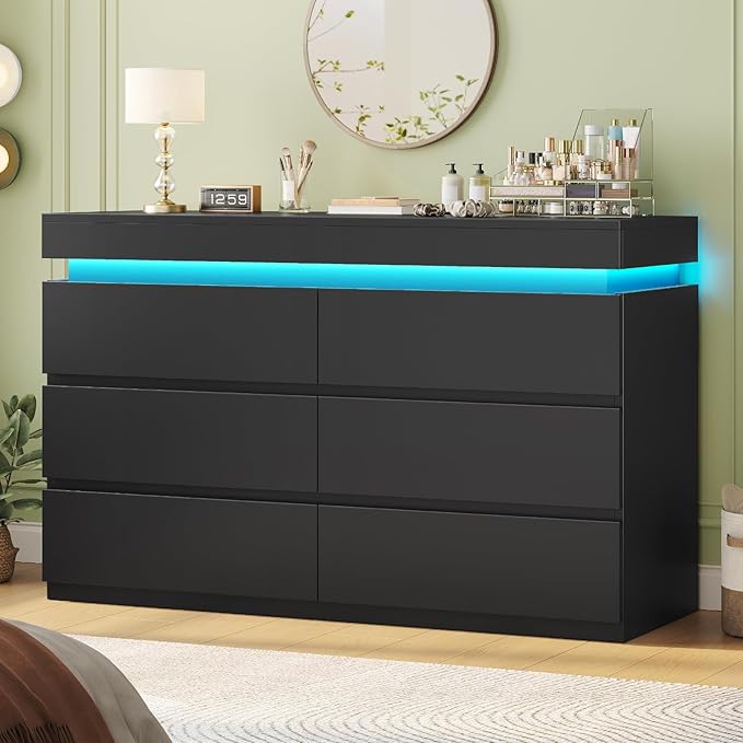 HAUOMS 6 Drawer Dresser with LED Light, Black Modern Chest of Drawers for Bedroom,Closet Dressers with Drawers for Living Room, Entryway, Hallway by HAUOMS