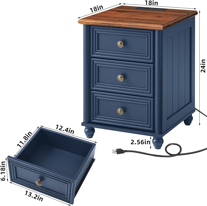 RWYHG 18" Farmhouse Nightstand Set 2 with Charging Station and USB Port, Blue Night Stand with 3 Drawers, Wood Bedside End Table with Storage, Bed Side Tables for Bedroom Living Room and Closet - Image 3