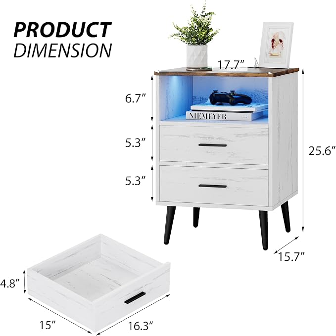 Lareth Farmhouse LED Nightstand with Charging Station, 25.6" H x 17.7" W x 15.7" D Wooden Night Stand with 2 Drawers, Smart Bedside Table for Dorm, Apartment, Small Space, Antique White - Image 2