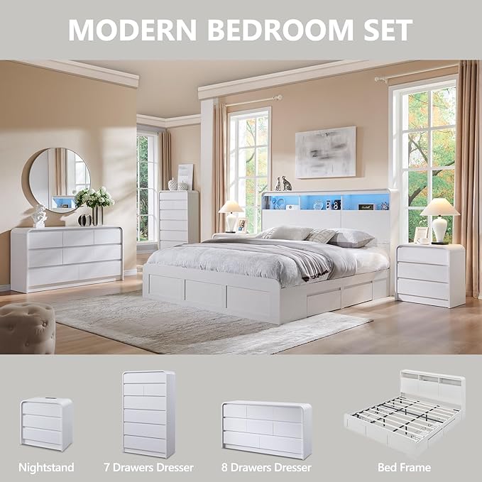 Aitjunz 25" Tall Modern Nightstand with Charging Station, 23.6'' Wide Wood Bedside Table w/3 Storage Drawers, Small Dresser w/Curved Profile Design, End Table for Bedroom, White - Image 6