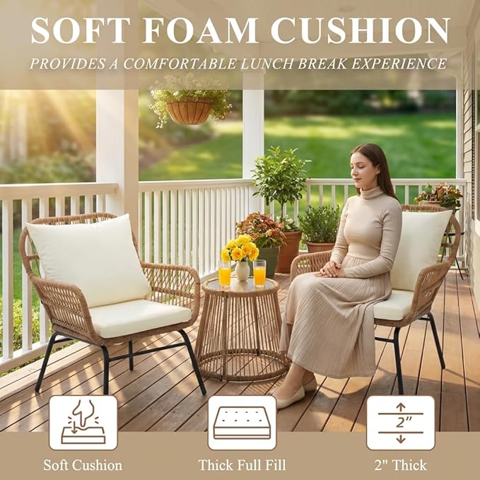 Bezseller 3-Piece Outdoor Patio Set - 20" Wide Seating w/ 2" Thick Cushions, 14.2" Seat Height - Modern Boho Furniture for Gardens, Balcony & Apartments