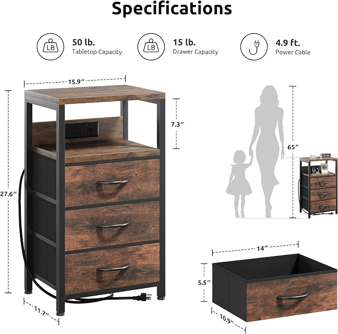 Lazzanto NightStand Bedside Charging Table Bedroom - Night Stand with Charger Station, Modern Nightstand with Open Shelf & 3 Fabric Drawers, Bed Side Table USB-C Port for Dorm Living Room - Image 2