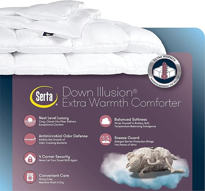 Serta Down Illusion Extra Warmth Hypoallergenic Down Alternative Comforter with Corner Loops, Full/Queen, White