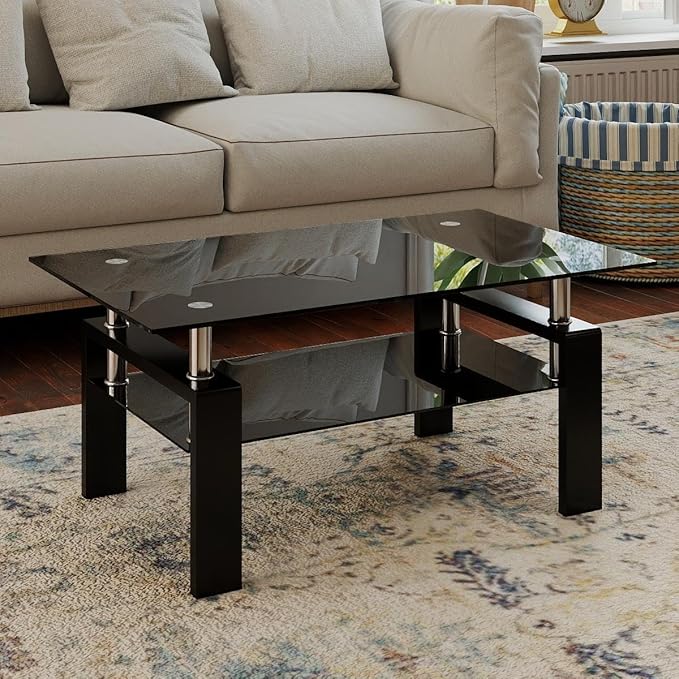 IANIYA Glass Coffee Table, Black Living Room Rectangle Coffee Table with Tempered Glass & Metal Tube, 2 Layers of Storage Space Modern Tea Table Side Table for Waiting Room Small Space
