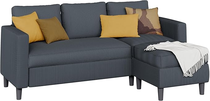 Shintenchi Convertible Sectional Sofa Couch,L-Shaped Modular Sofas with Reversible Ottoman,3-Seat Upholstered Corduroy Sofa Couch,Small Couches for Apartment,Living Room and Office(Dark Grey)