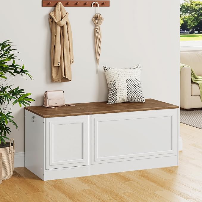 HOOBRO Storage Bench, 47.2" Wooden Toy Box, Toy Chest with Safety Hinge, Farmhouse-Style Storage Chest, Entryway Bench, for Living Room, Bedroom, Hallway, White and Walnut WH54CW01 - Image 3