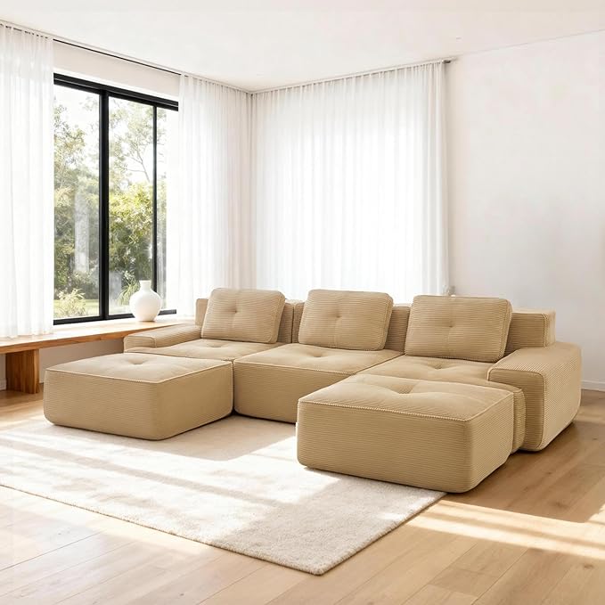 Casaphoria 115'' Camel Modular Sofa Set, 3-Seat U-Shaped Corduroy Couch with 2 Ottomans for Large Living Room No Assembly Required Deep Seat Sectional Couch