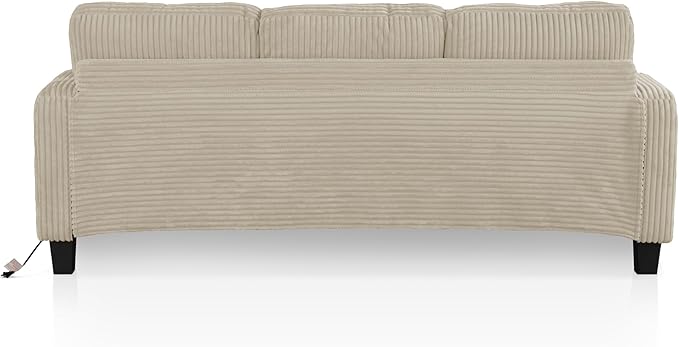 Homes: Inside + Out Reese Modern Plush Chenille Couch with Side Pockets, Cup Holders and USB Ports, Wooden Comfortable Sofa for Living Room, Bedroom and Office, Beige