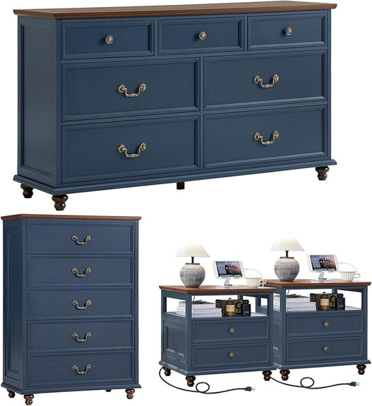 Joaxswe 24" Wide Farmhouse Nightstand with Charging Station Set of 2,54" 7 Drawers Dresser, 45" Tall Rustic Chests of 5 Drawers, Farmhouse Furniture Series for Bedroom,DarkBlue