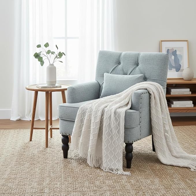 HUIMO Tufted Club Chair,Accent Chair with Lumbar Pillow, Upholstered Button Armchair, Linen Fabric Sofa Chairs for Bedroom, Living Room, Mid Century Modern with Studded Reading Chair Light Blue