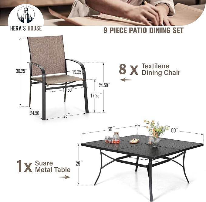 HERA'S HOUSE 9 Pieces Patio Dining Set, Outdoor Table and Chairs Set for 8, 8 x Brown Textilene Dining Chair and 60" Square Metal Dining Table, Outdoor Dining Sets for Lawn Garden Backyard Deck - Image 6