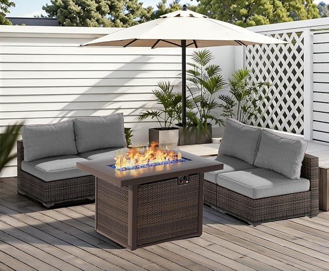 Patio Furniture Set Fire Pit Table 9 Piece All Weather PE Rattan Outdoor Sectional Sofa Couch with 8 x armless Sofa, No-Slip Cushions for Garden, Poolside, Backyard (Gray)