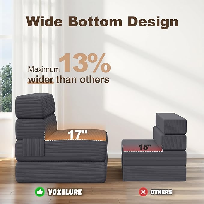 Folding Sofa Bed, Convertible Sleeper Chair & Couch Bed with Pillow, One-Piece High-Density Sponge Mattress, Multi-Purpose Corduroy Floor Sofa for Living Room, Office, Apartment, Grey, Single