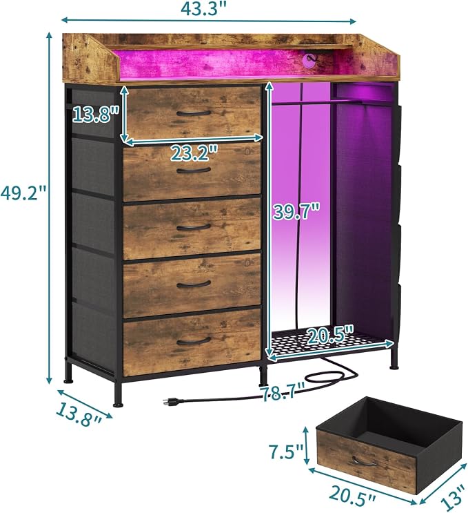 LUMTOK 2-in-1 Dresser with Hanging Racks,5 Fabric Drawers Dressers with LED Lights, Charging Station for Bedroom Living Room, Entryway, Closets (Rustic Brown) - Image 2
