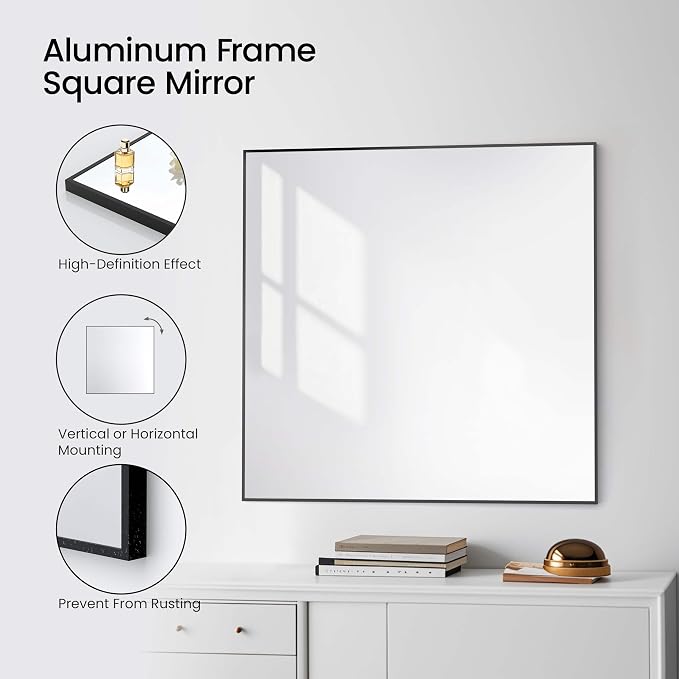 KIBI 36" x 36" Shatterproof Wall Mount Metal Frame Mirror – Horizontal or Vertical Hanging, Modern Rectangular Vanity Mirror for Bathroom, Entryway, or Living Room (Matte Black, FM1-3636MB) - Image 5
